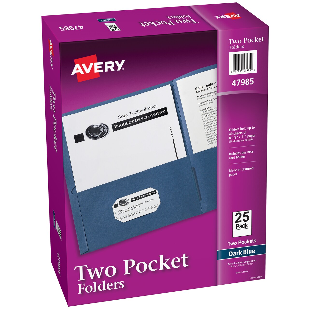 Avery Two Pocket Folders, Holds up to 40 Sheets, Business Card Slot, Ideal for Portfolios, Presentations and School, Dark Blue, Box of 25 (47985)
